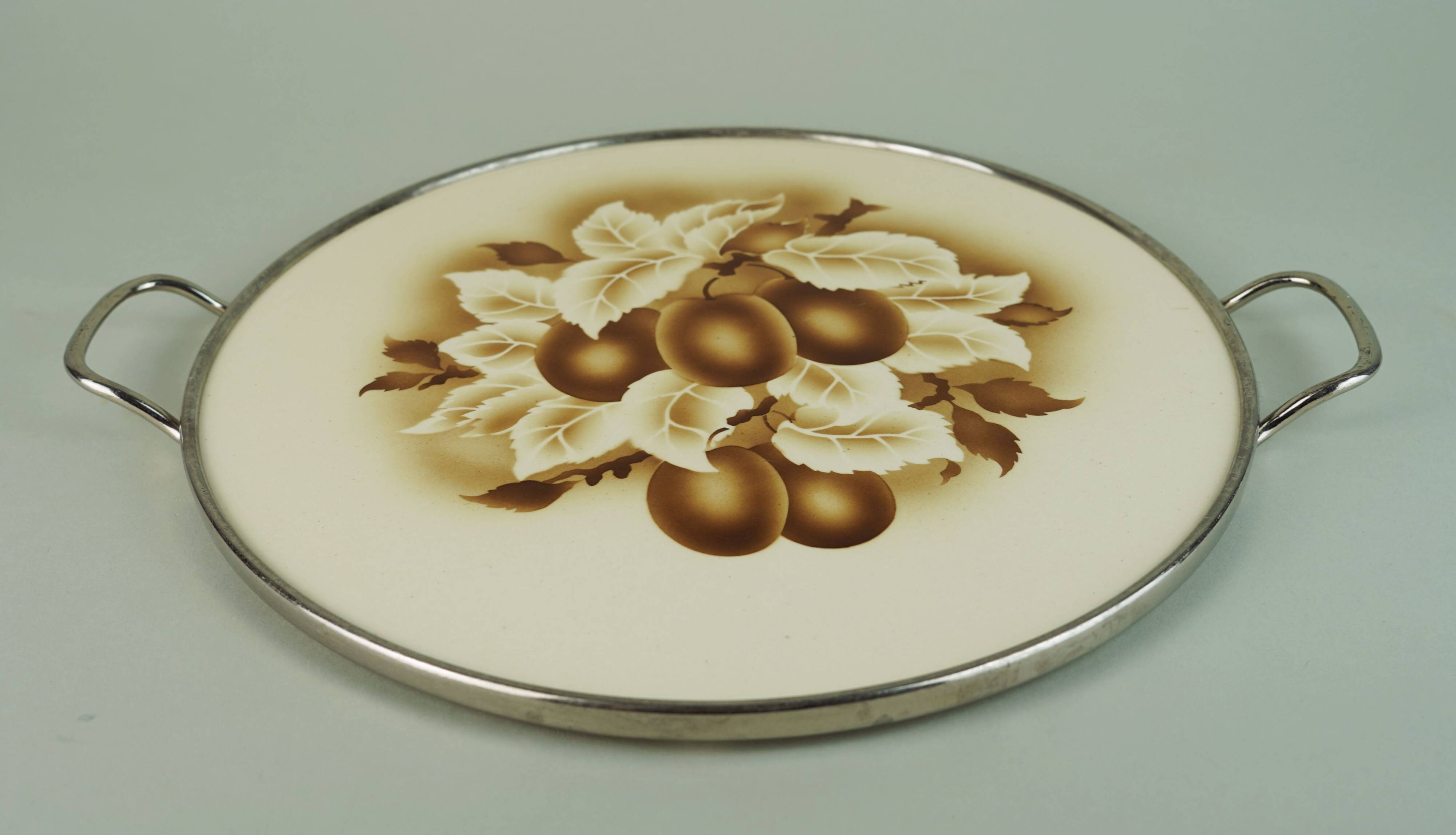 Cake plate art deco ceramic and metal plum decor