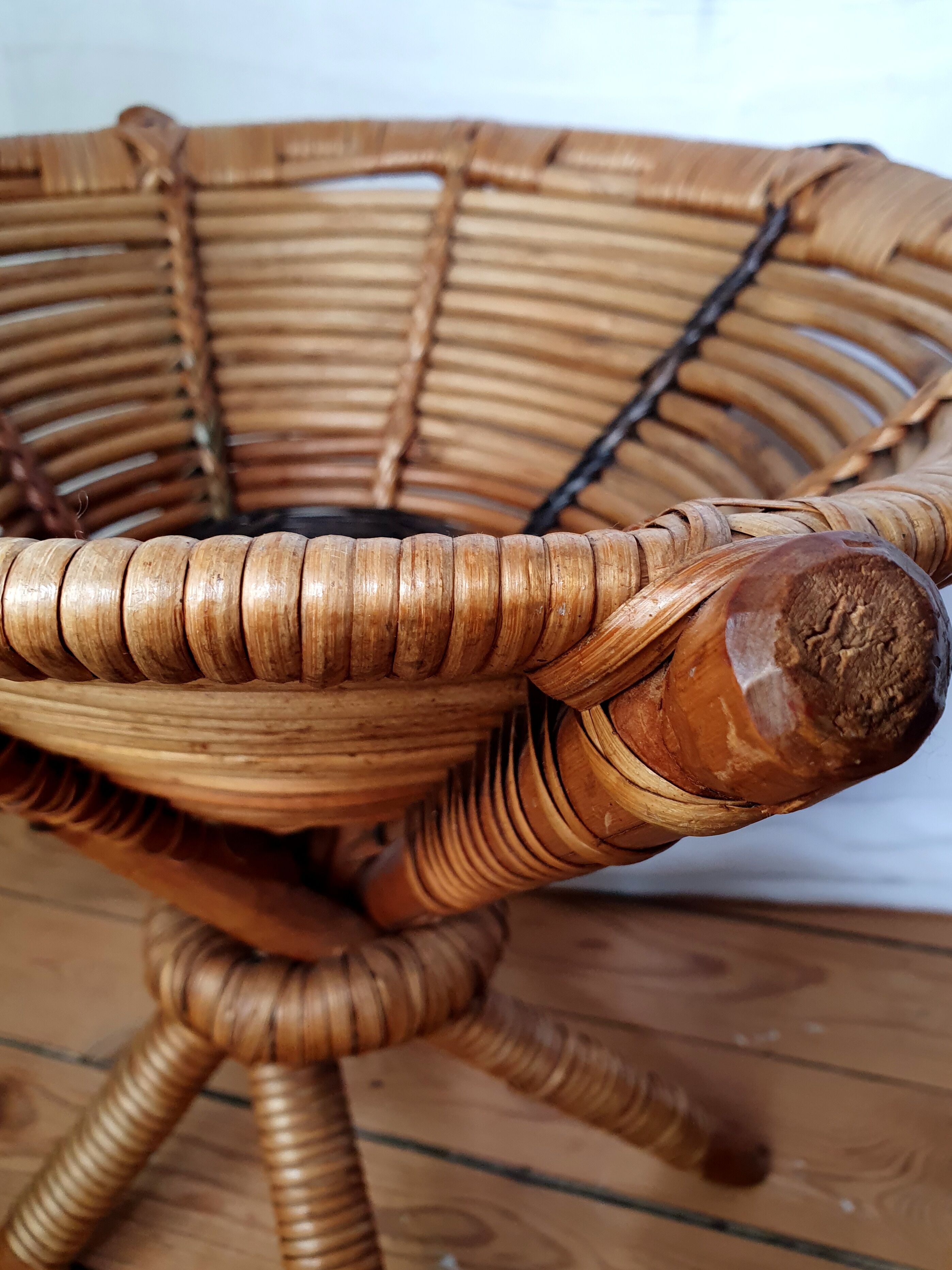 Basket on wooden and woven wicker legs 1950
