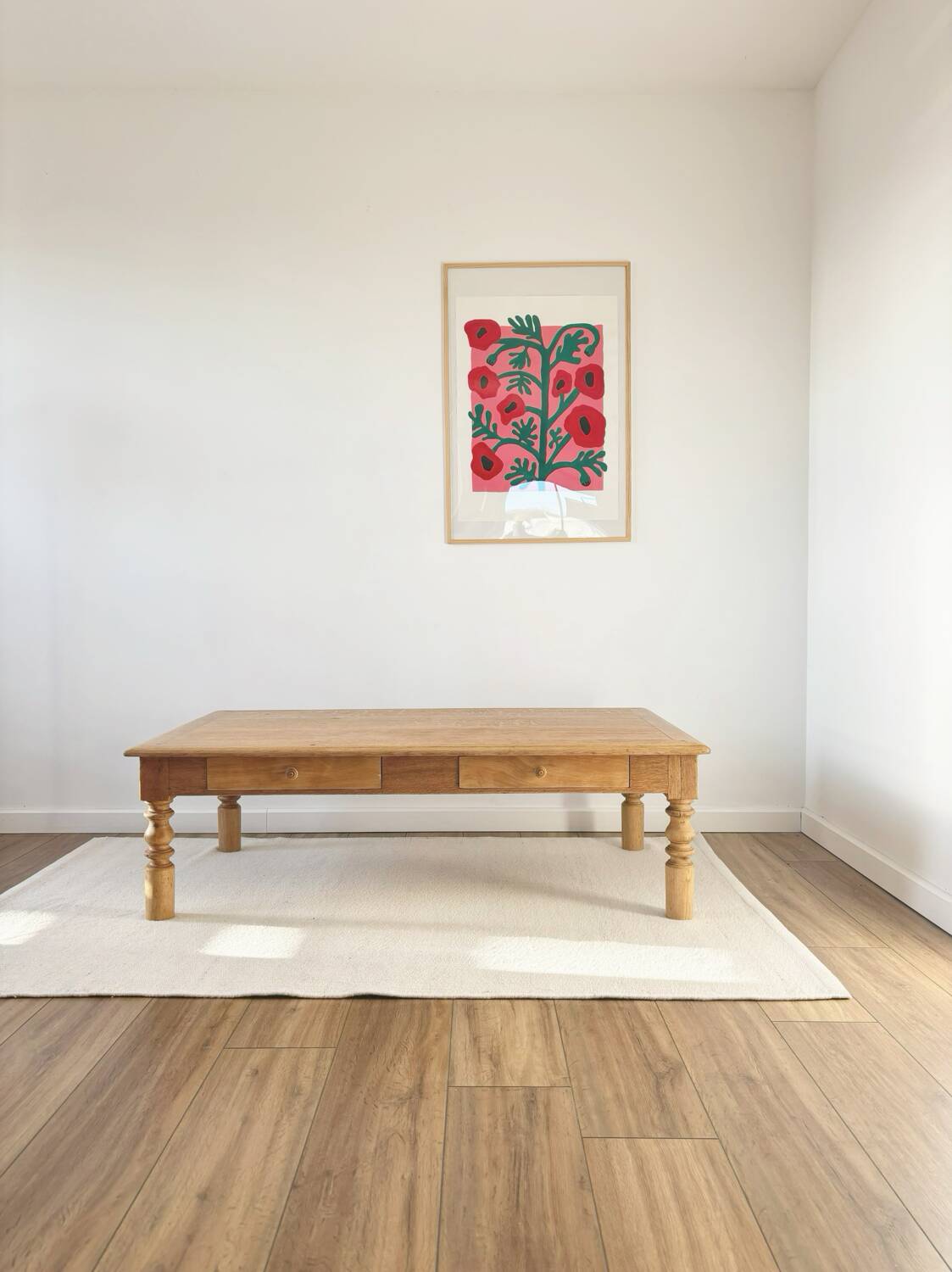 Large farmhouse-style coffee table with drawers, renovated oak.