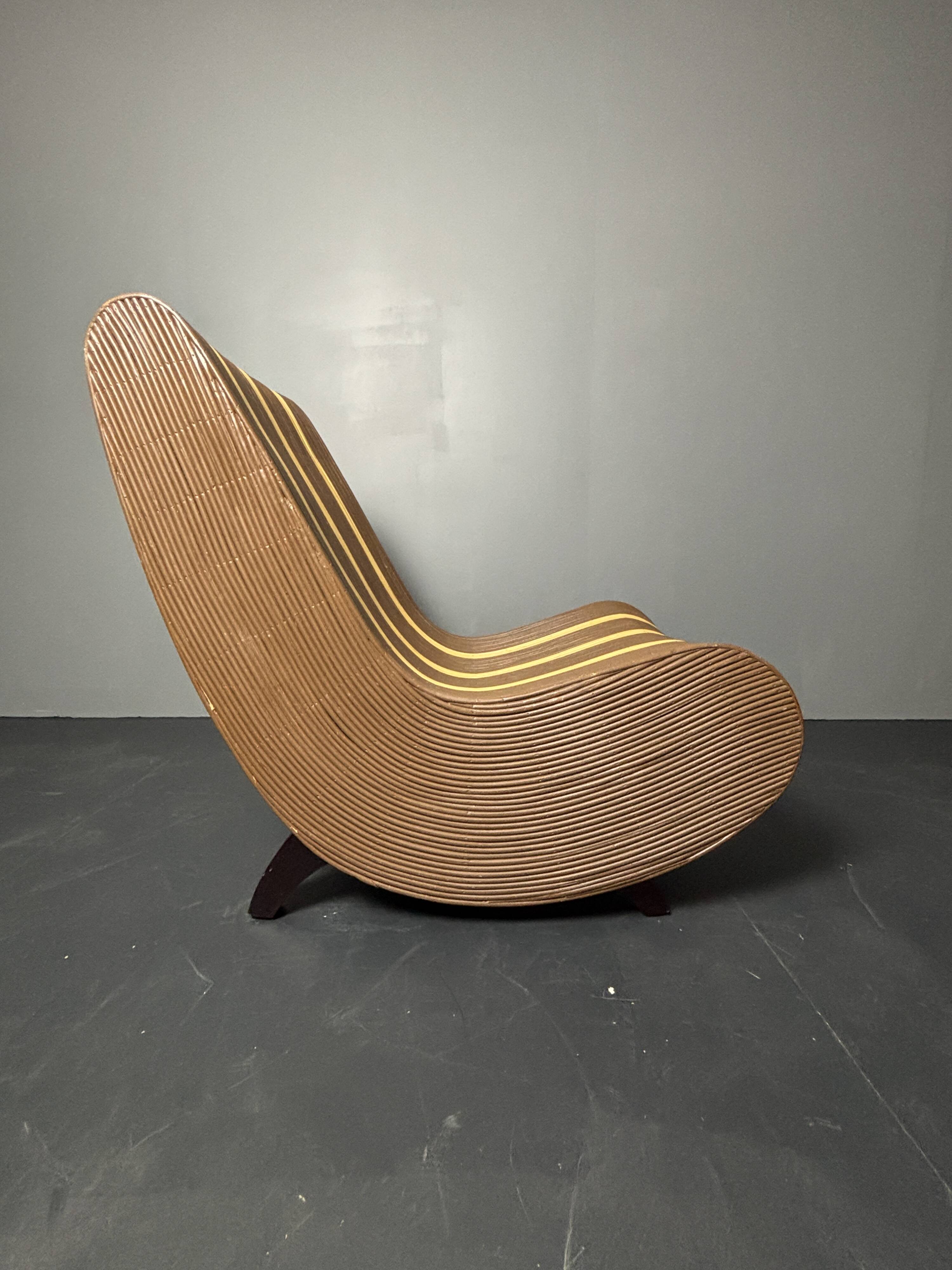 Curvy wavy pencil reed rattan bamboo low lounge chair, 1970s