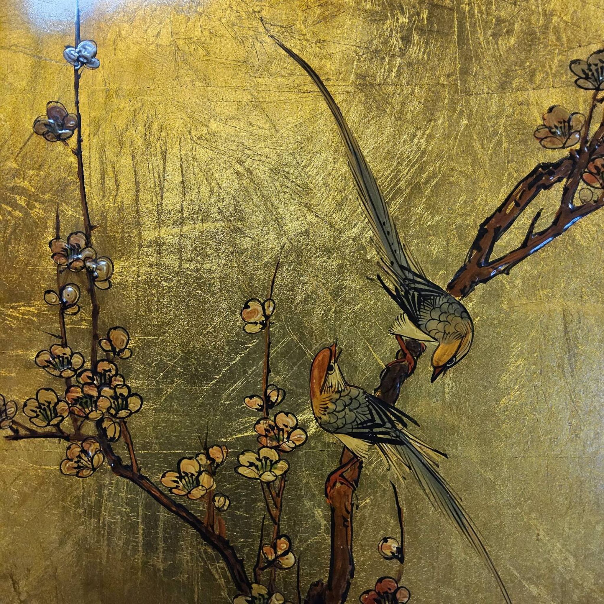 Vintage Chinese cabinet with gold leaf, flowers and birds / oriental