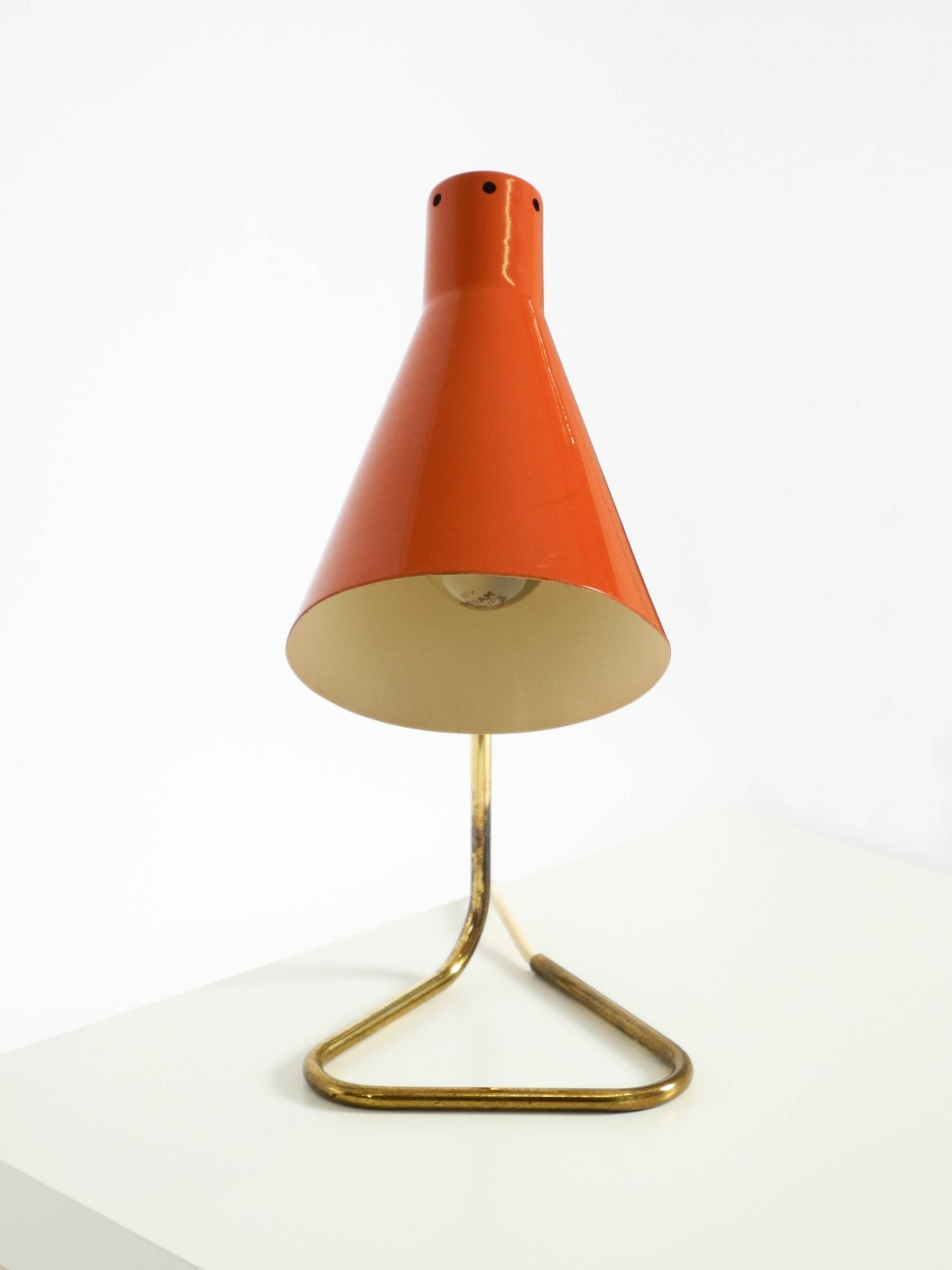Beautiful, Large Mid-Century Modern Brass Table Lamp with a Brick-Red Shade