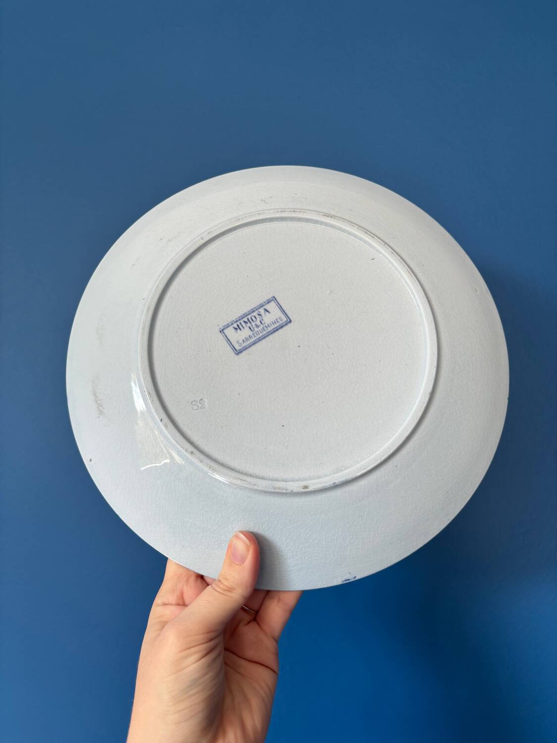 Set of 3 Sarreguemines mimosa blue vintage earthenware flat plates