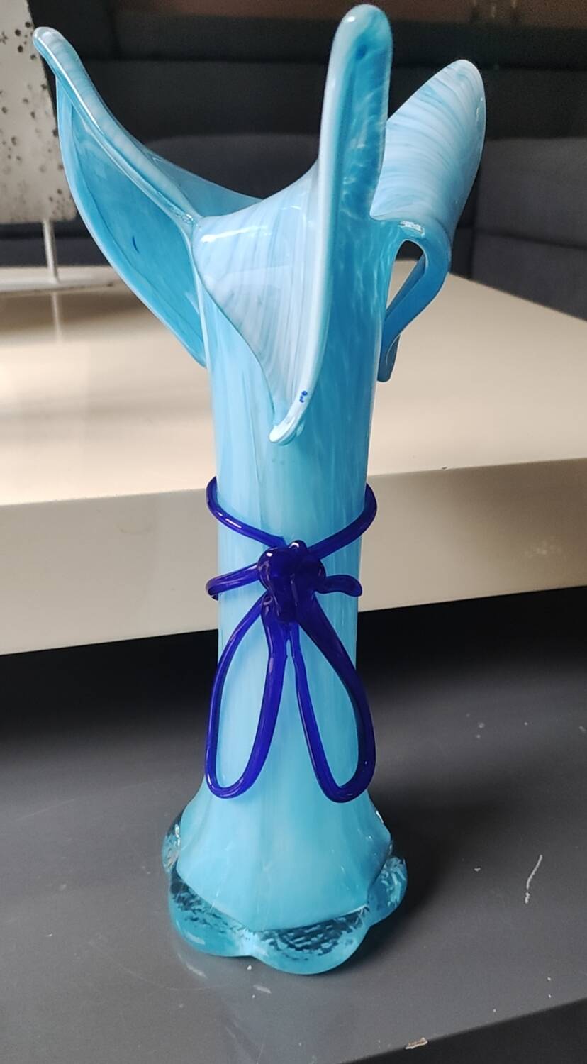Large Murano Vase Floral Design, Opaline. Relief Ribbon Bow Decor