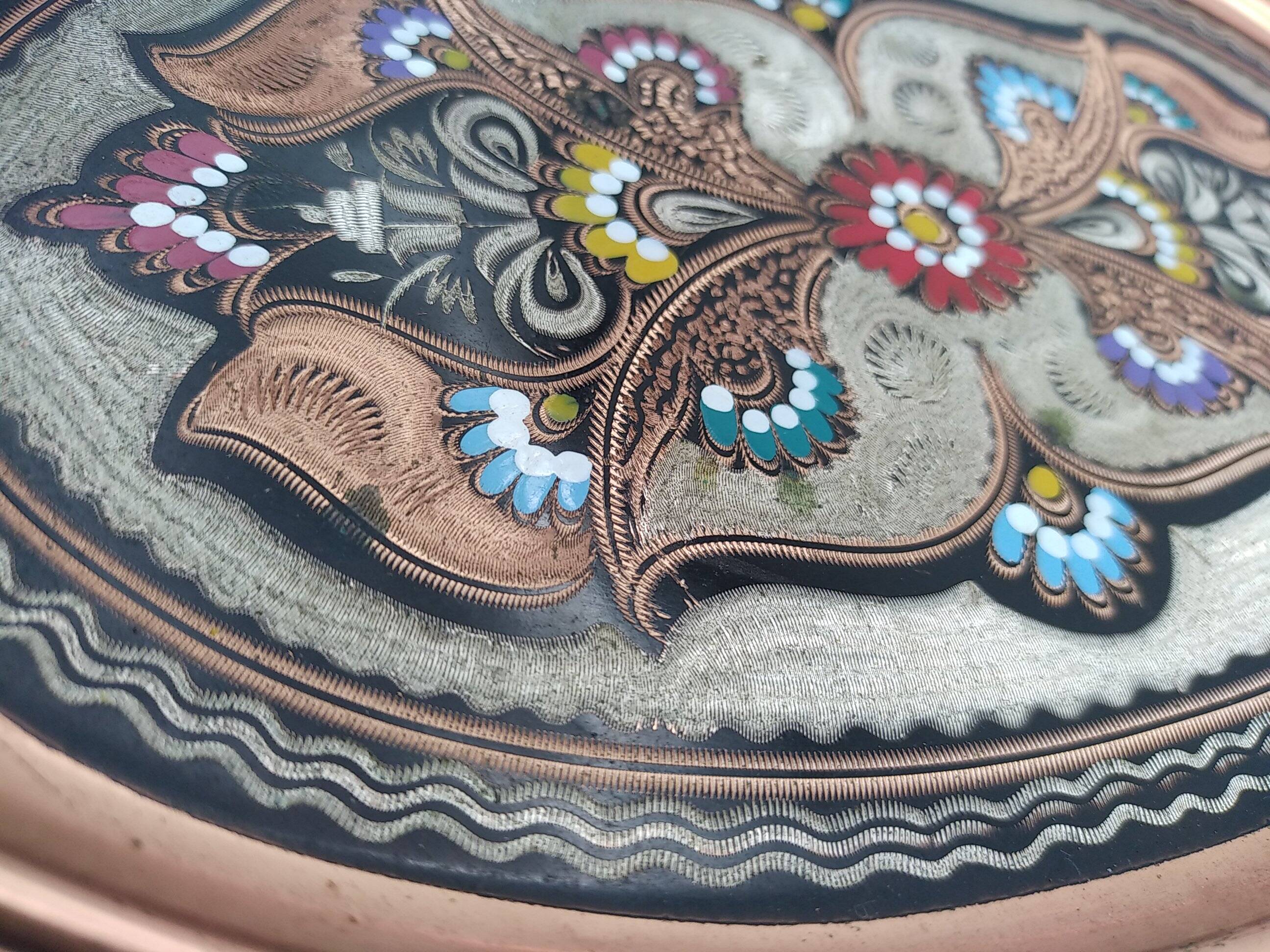 Turkish tea or coffee serving tray in chiseled copper.