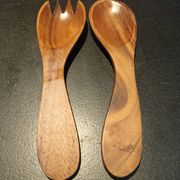Salad bowl and salad cutlery made of exotic wood