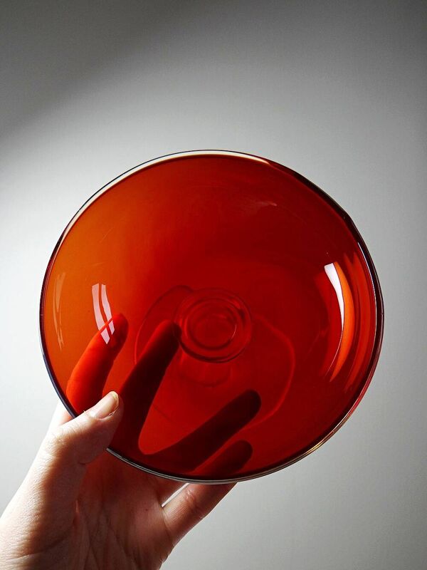 Coupe sur pied verre soufflé Vénitien rouge et opaline bulle de savon vintage