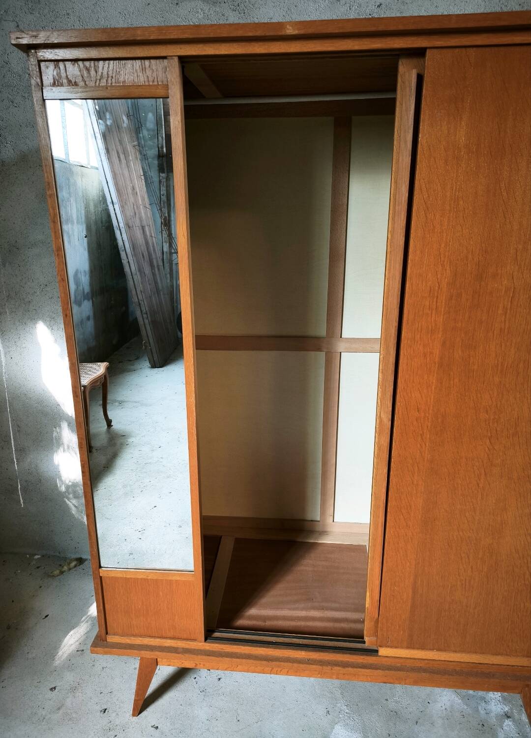 Vintage Scandinavian wardrobe, tapered legs, sliding door.