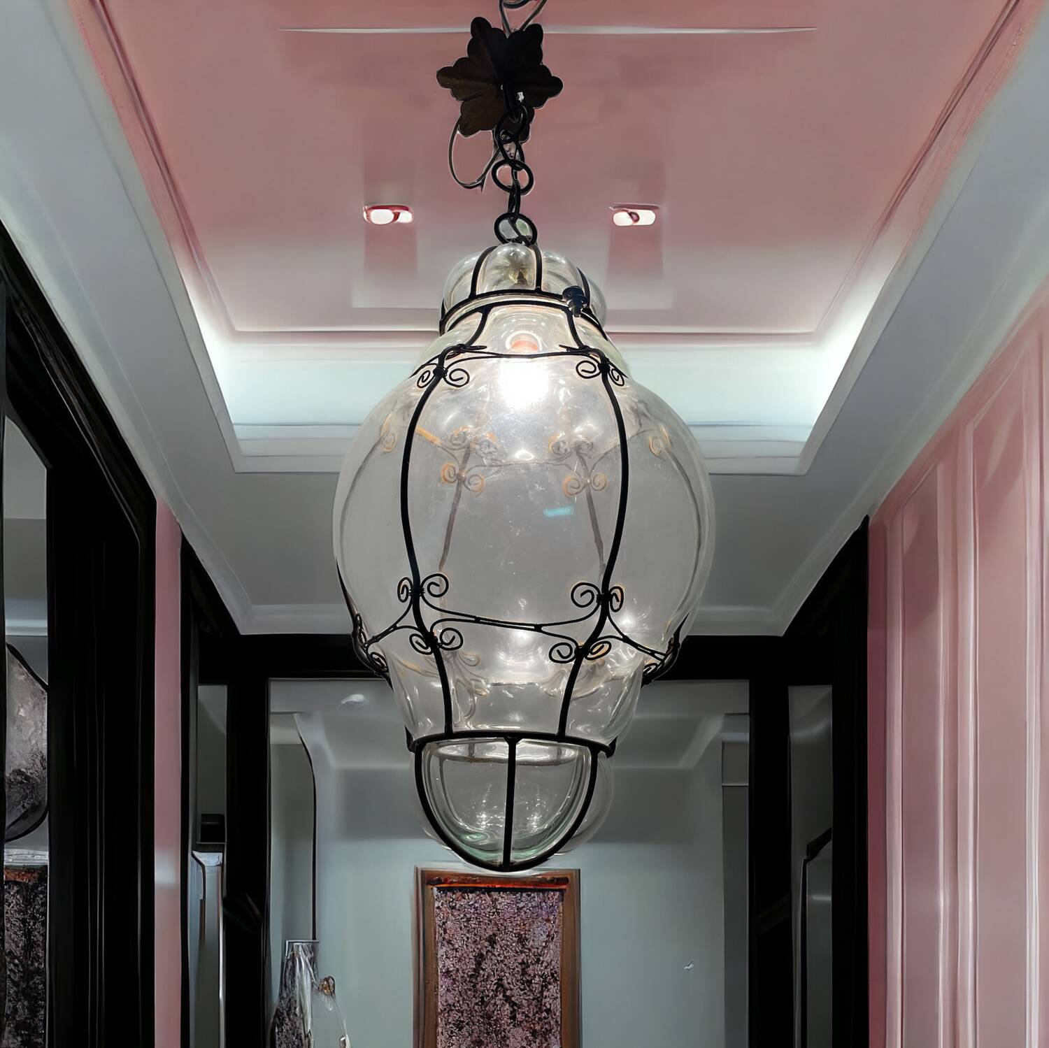 Large Murano Glass Wrought Iron Light Pendant 1950’s