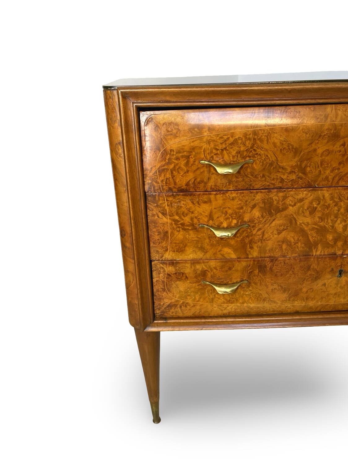 Veneered burl walnut chest of drawers with light warm brown glass top