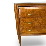 Veneered burl walnut chest of drawers with light warm brown glass top