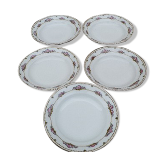 Set of 5 hollow plates in floral porcelain Limoges Bernardeau