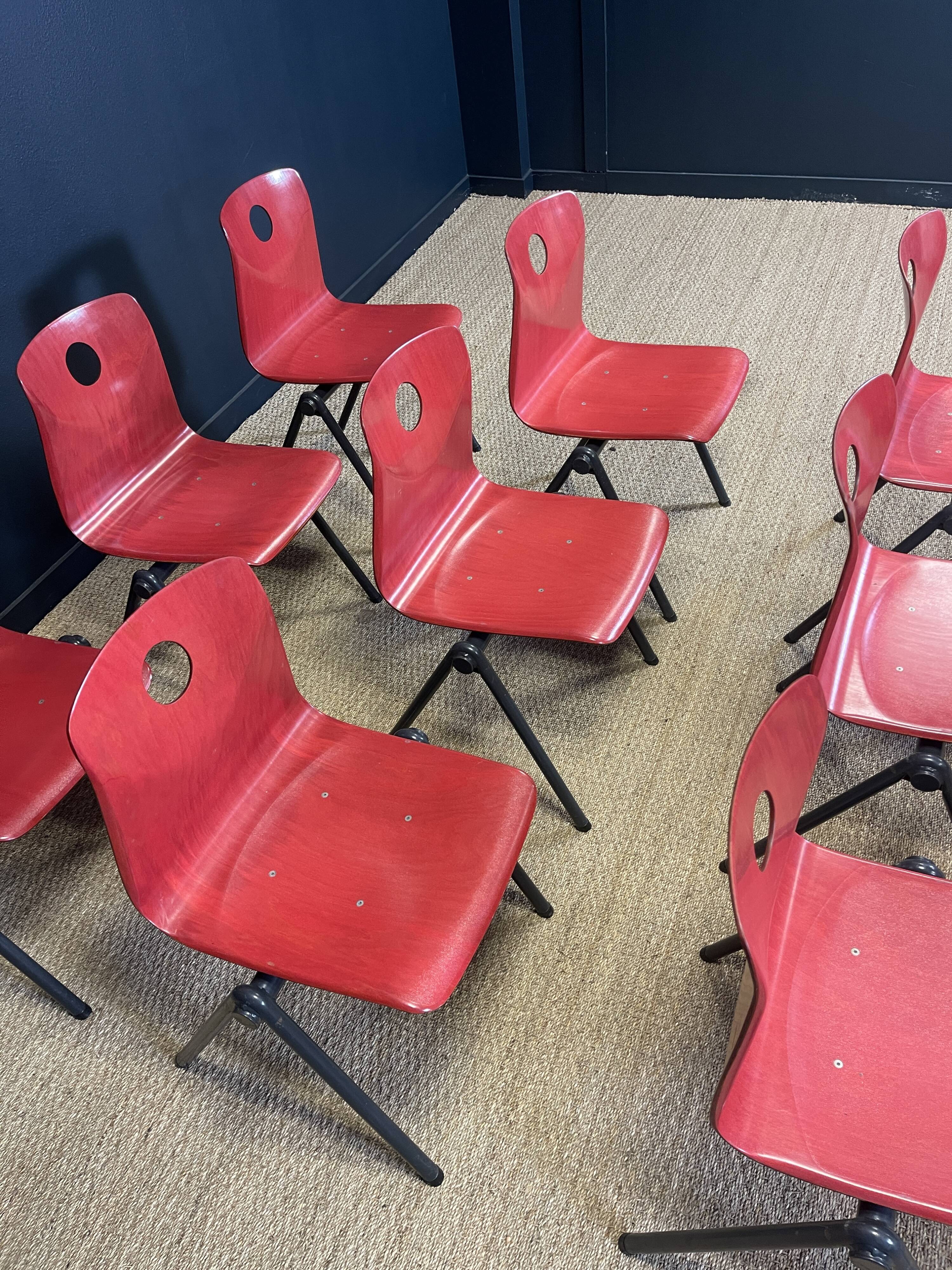 Set of 12 Galvanitas S30 raspberry red and grey steel chairs from the 70s