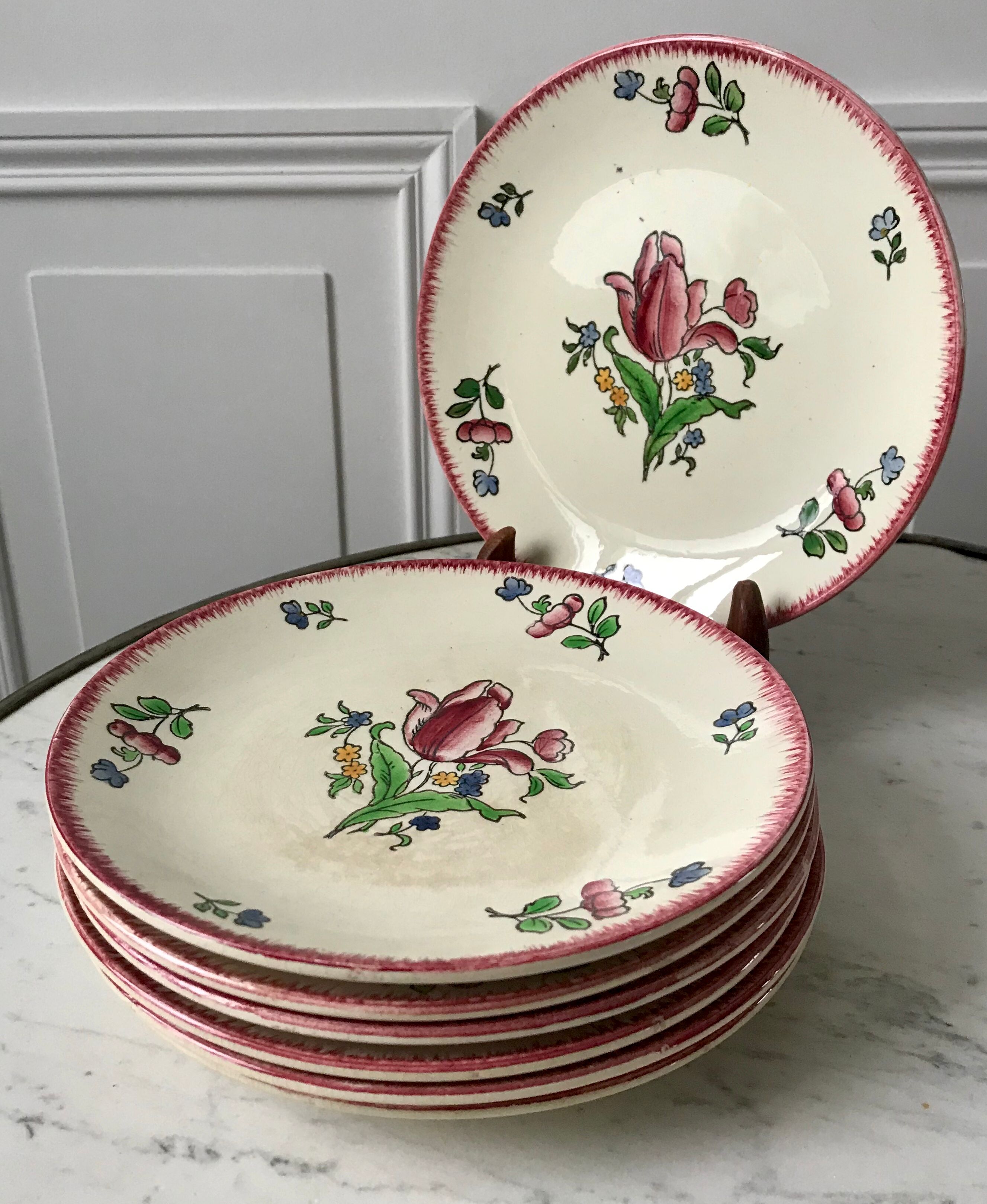 Set of 7 dessert plates gien model "lorraine" hand painted 30-40s
