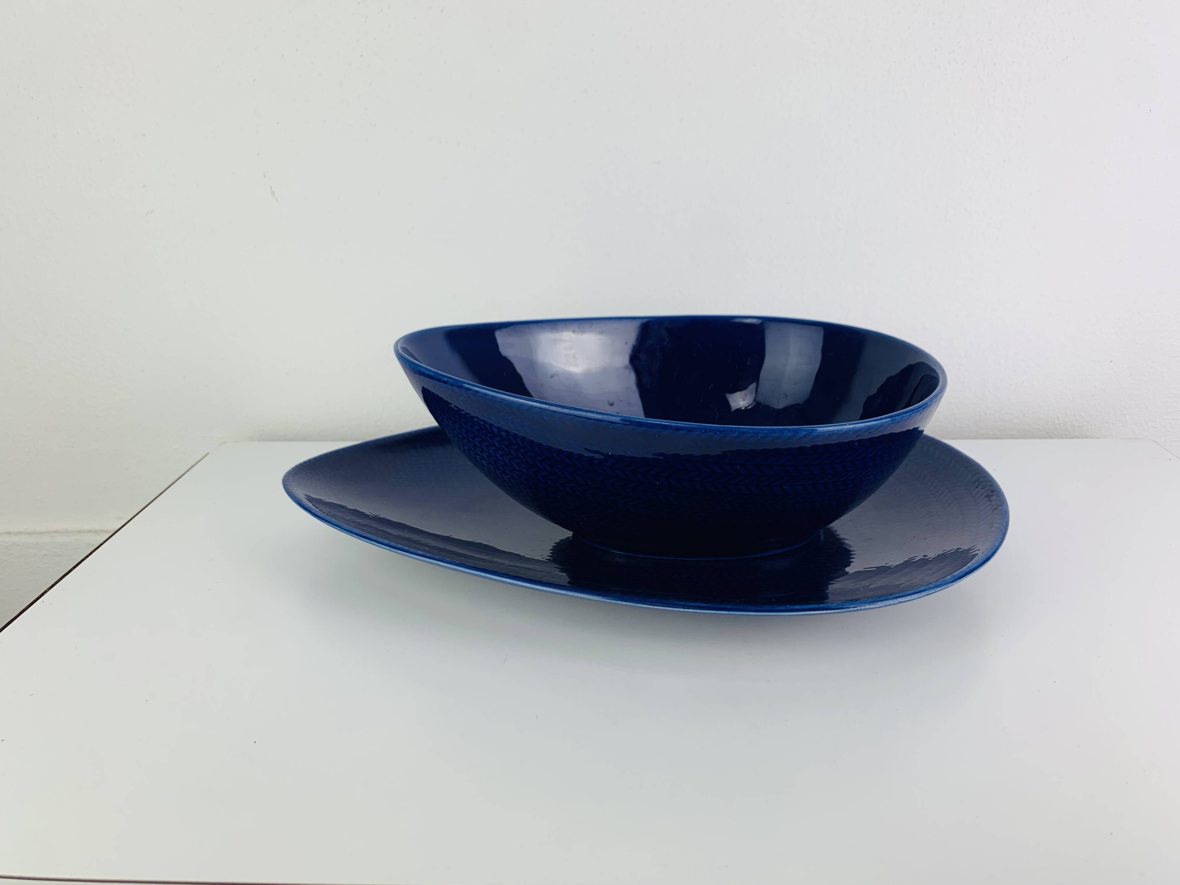Dish and bowl Blå eld by Hertha Bengtson for Rörstrand Sweden, ceramic.