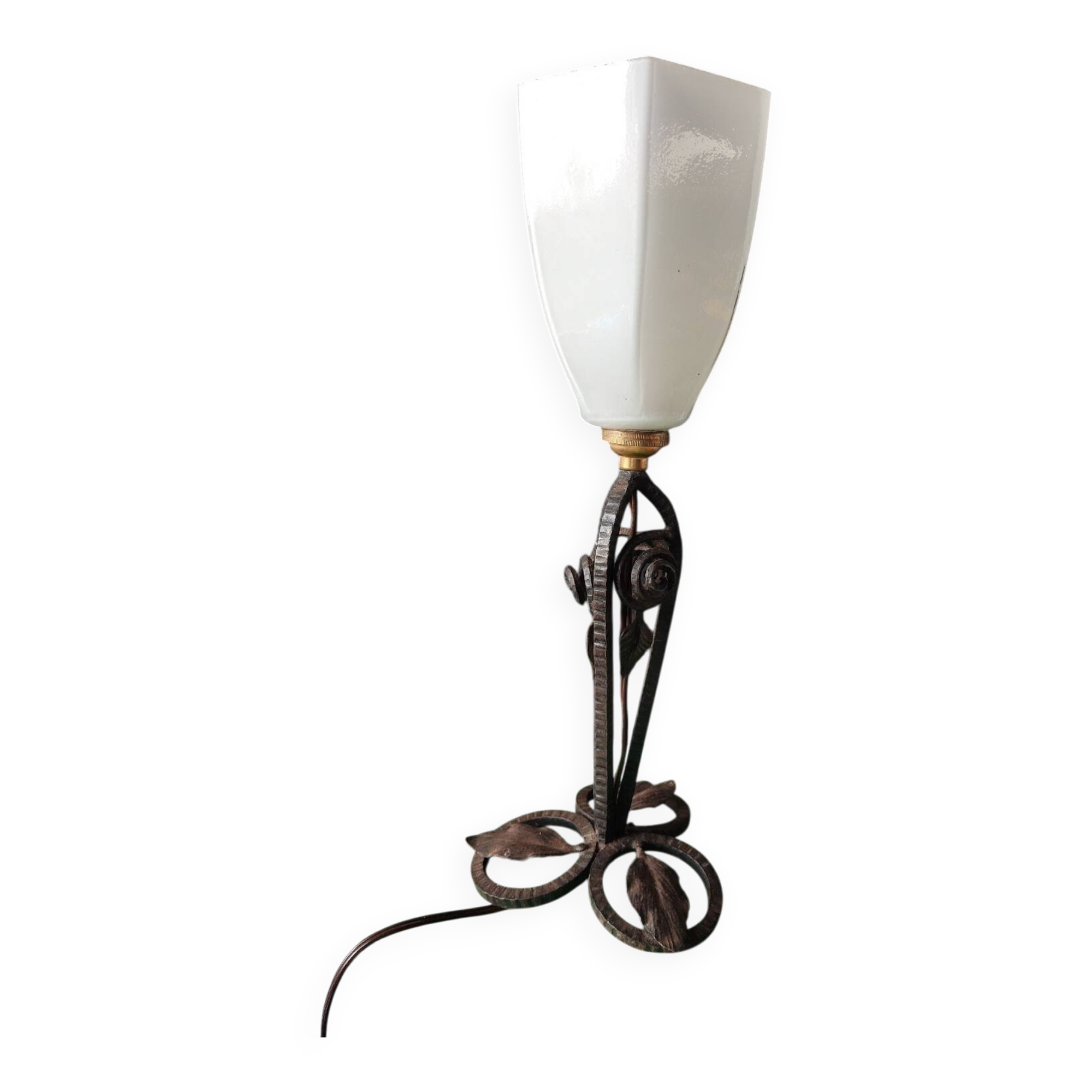 Hammered wrought iron lamp with white opaline Handmade craftsmanship