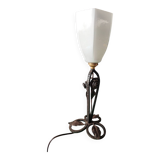 Hammered wrought iron lamp with white opaline Handmade craftsmanship