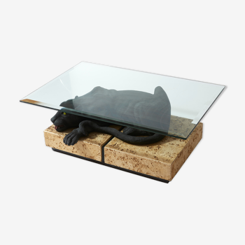 Table basse panthère sur socle en pierre et tablette en verre