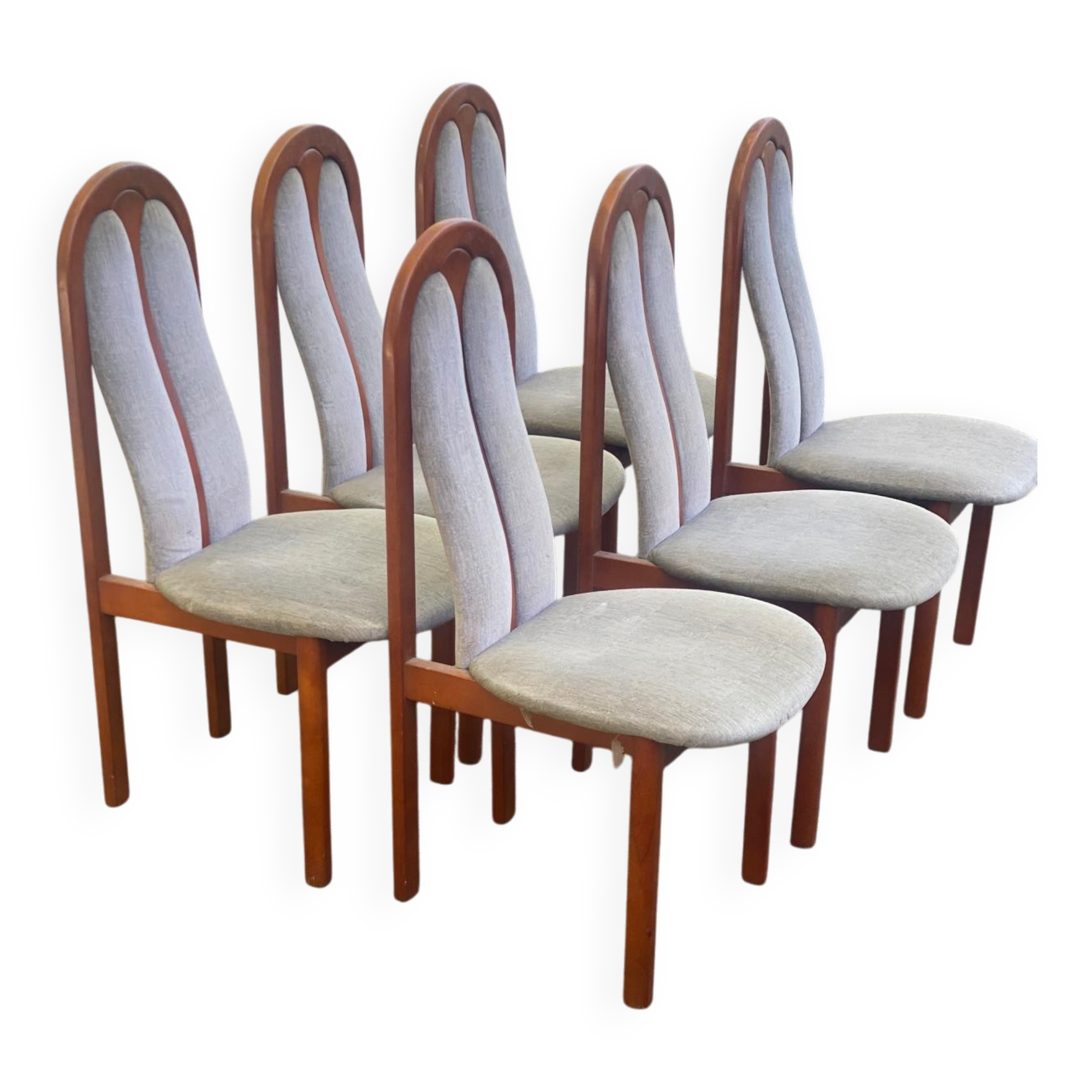 6 vintage cherry wood dining chairs with tweed fabric in MCM style 1970.