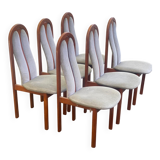 6 vintage cherry wood dining chairs with tweed fabric in MCM style 1970.