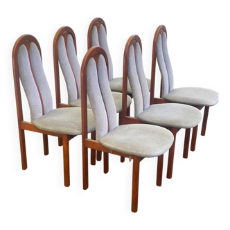 6 vintage cherry wood dining chairs with tweed fabric in MCM style 1970.