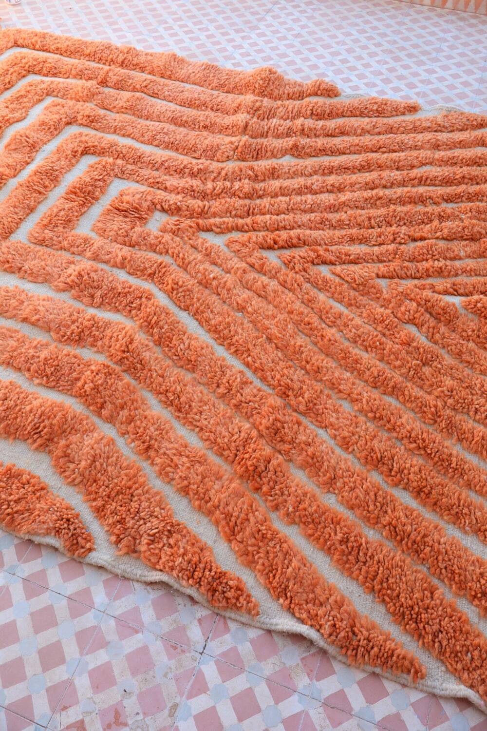 Modern peach orange blessed ouarain Berber rug