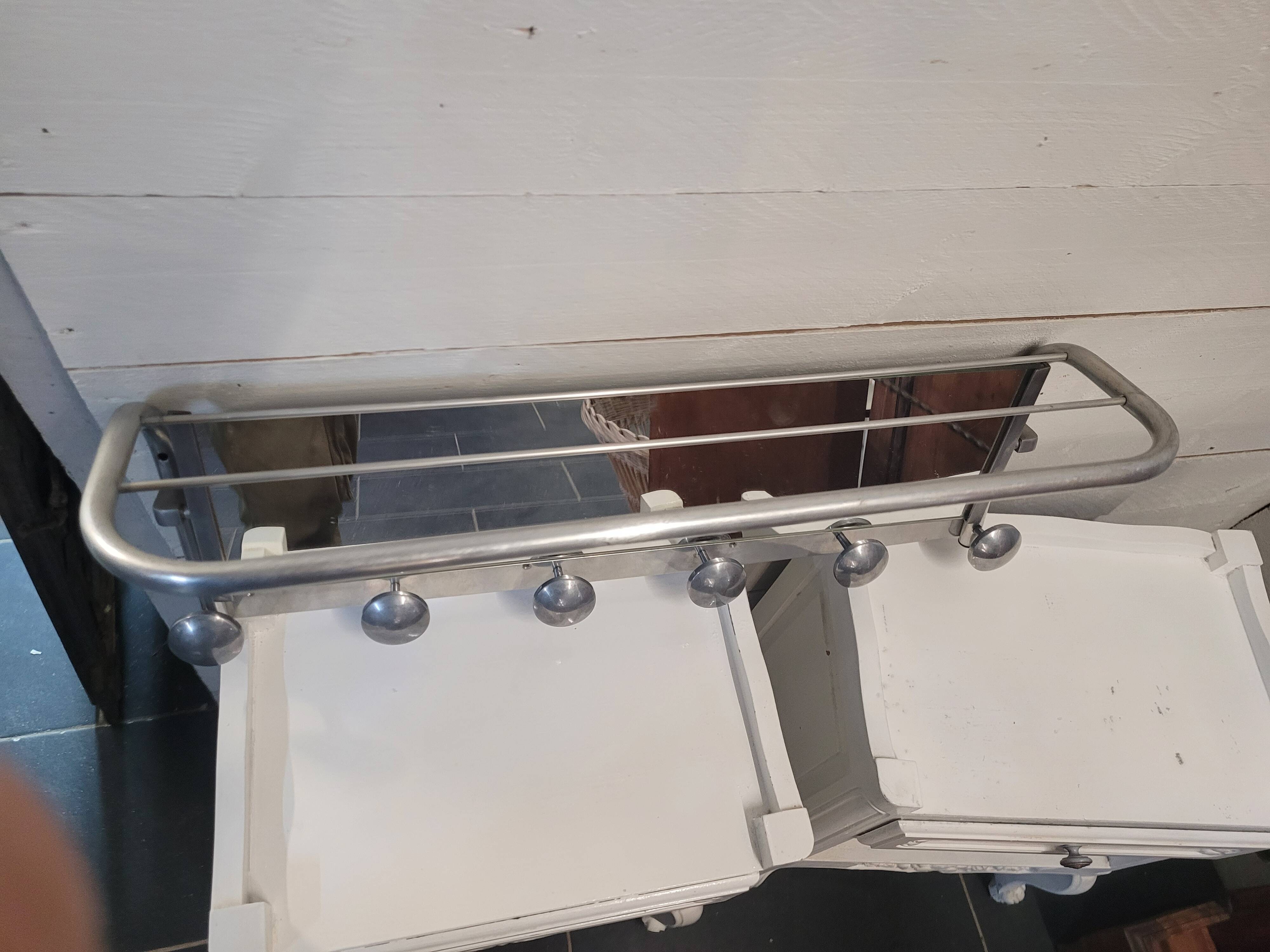Aluminum wall coat rack with pivoting mirror from the 60s