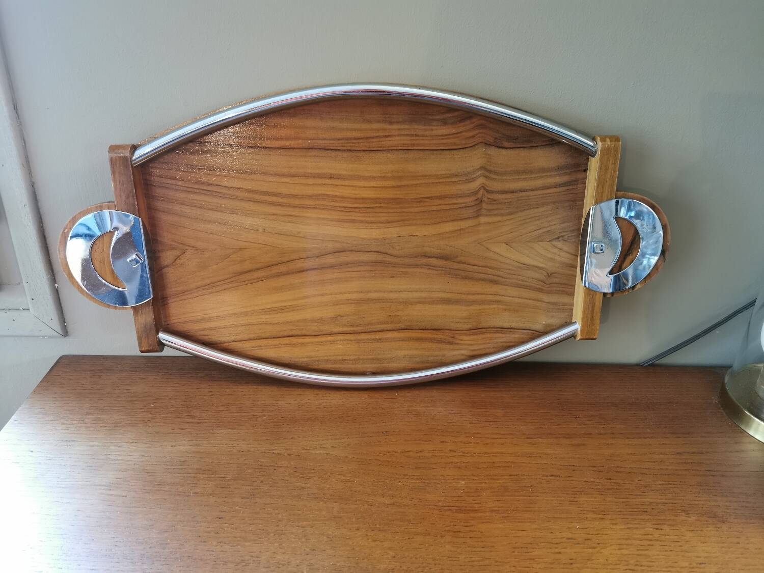 Large Art Deco tray in wood and chrome-plated metal