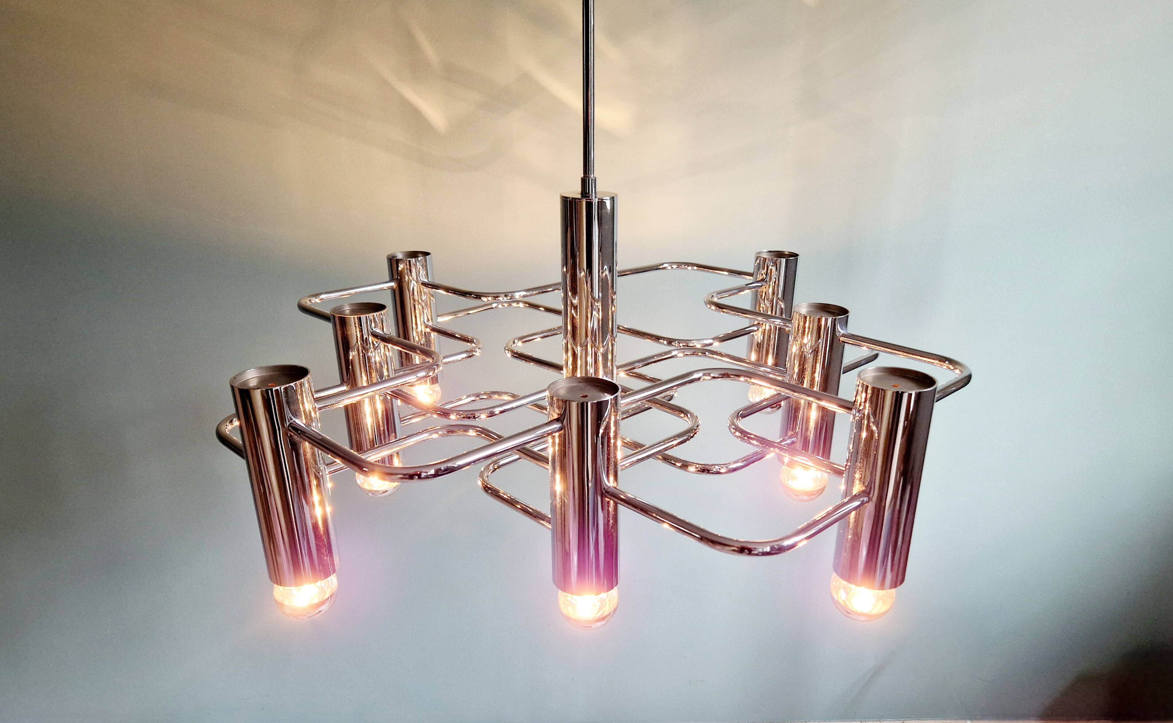 Chromed metal chandelier, design Gaetano Sciolari, 70s
