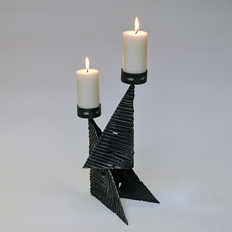 Scandinavian Brutalist Metal Candleholder for Two Candles 1970s