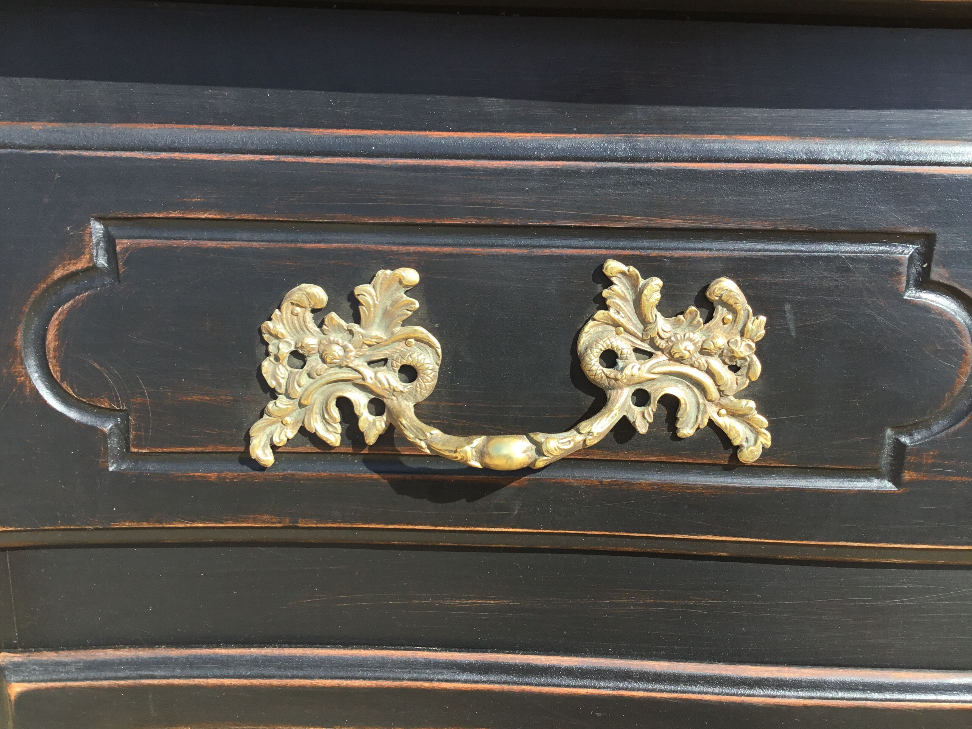 Louis XV style chest of drawers in cherry patinated in black top natural wood