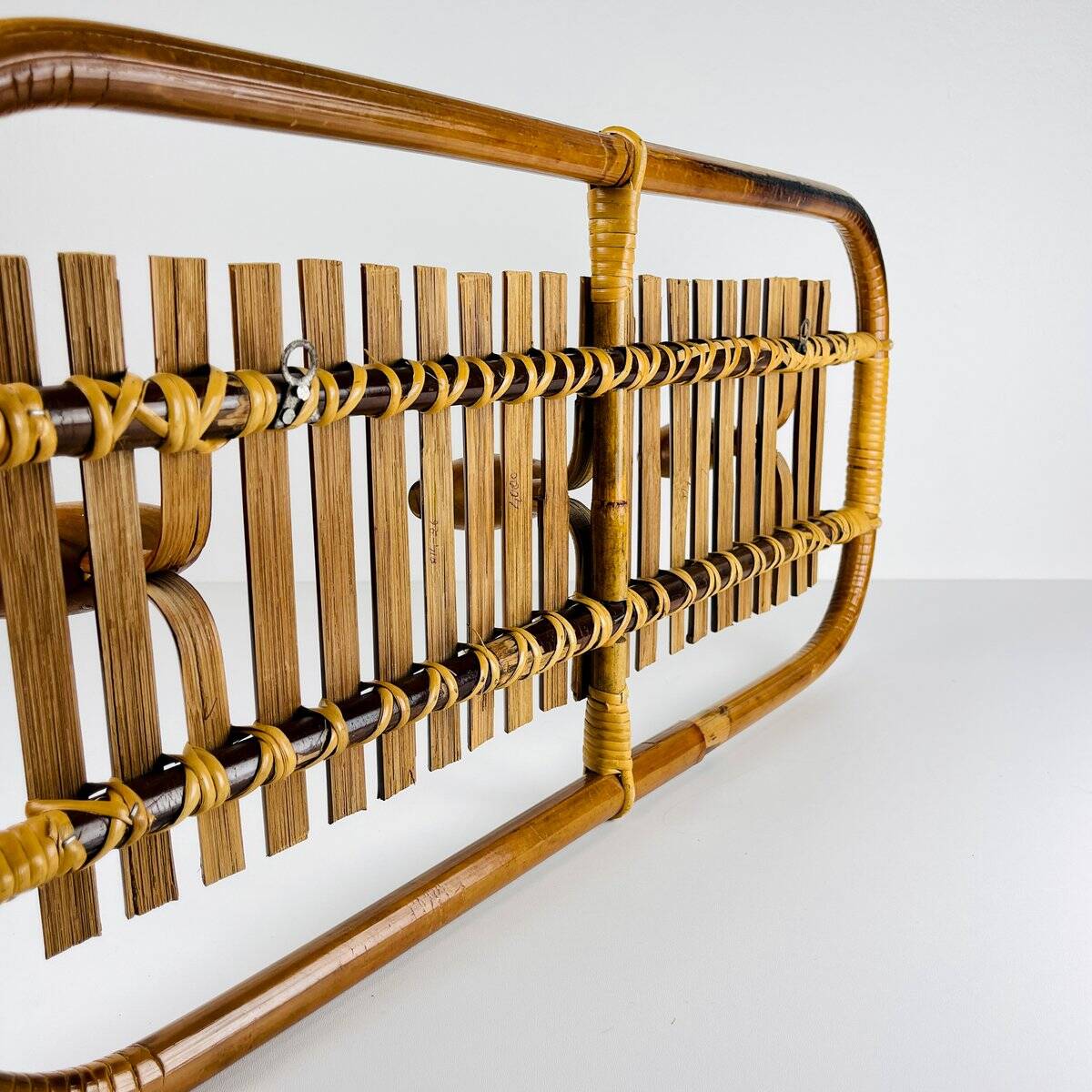 Bamboo and rattan coat rack in mid-century style attributed to Olaf Von Bohr, Italy, 1950s.