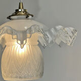 Opaline scalloped pendant light and Art Deco tulip