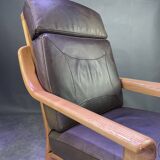 Chocolate leather armchair, wooden structure