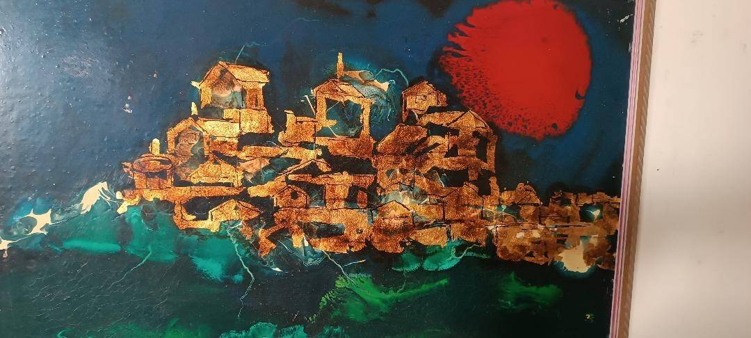 Abstract painting - gold leaf and enamel - Enzo Kocevar 1970s