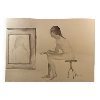 Signed painting, sepia watercolor female portrait "contemplation"