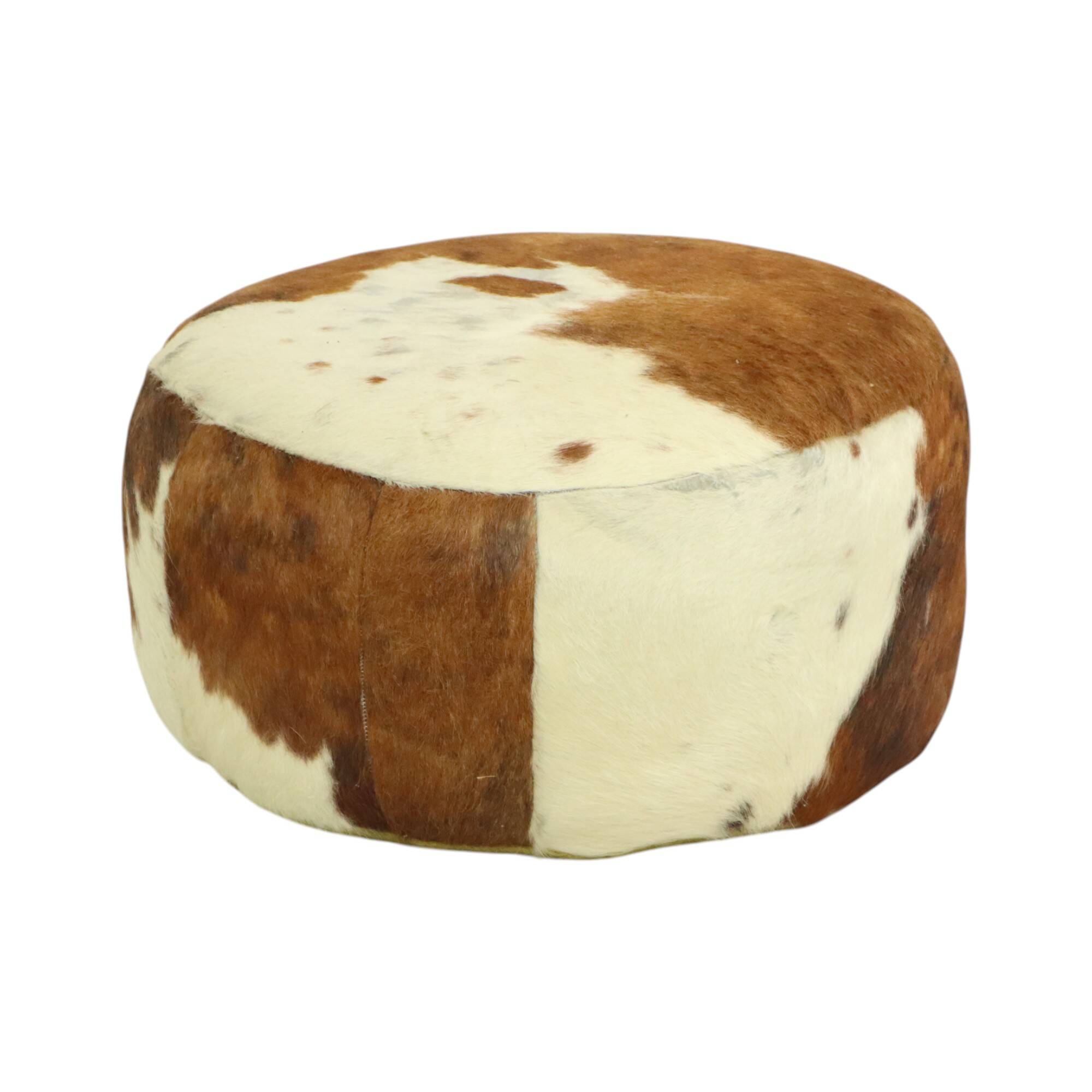 Low Round Vintage Pouf Cowhide Leather Sixties