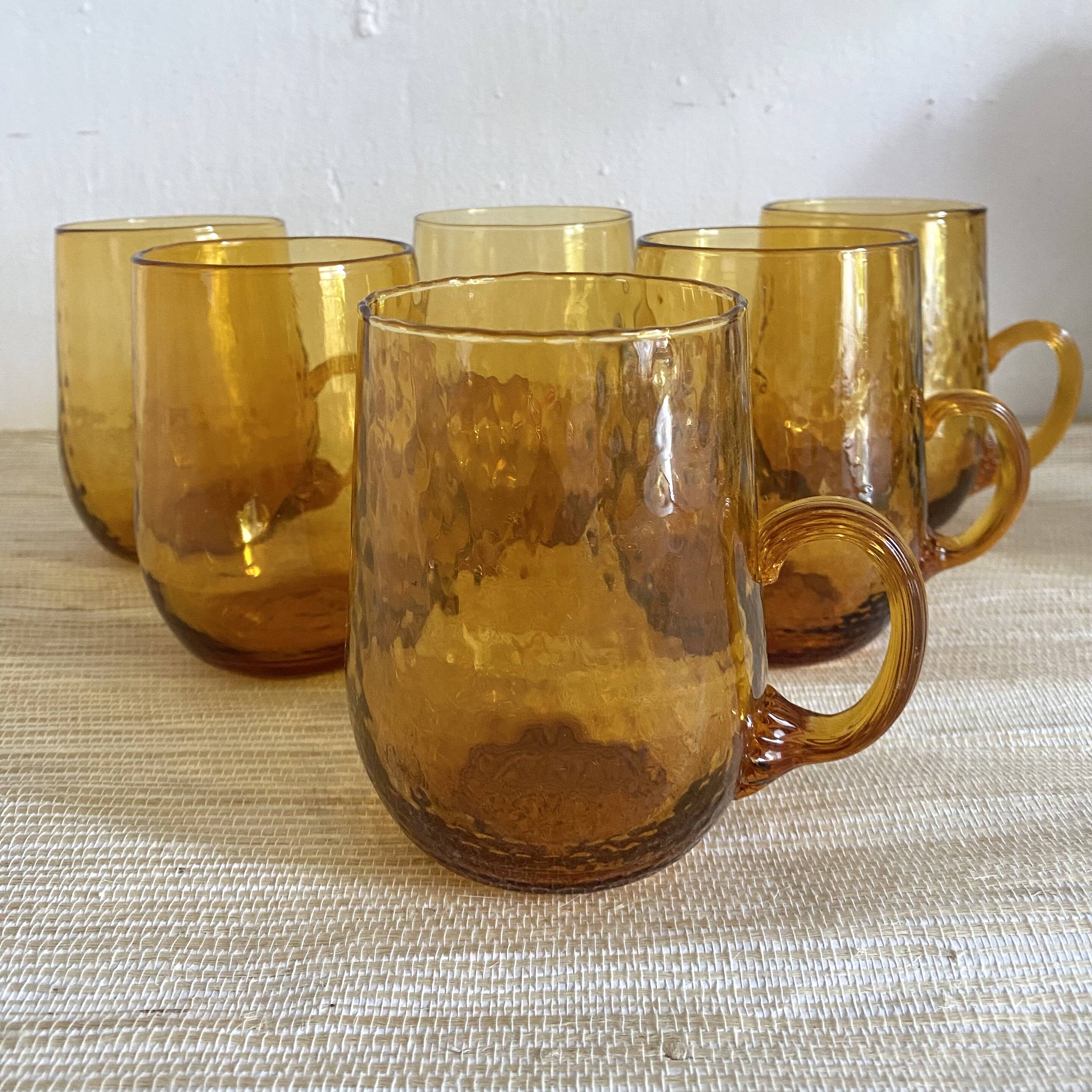 Amber blown glass mug glasses, 70s