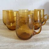 Amber blown glass mug glasses, 70s