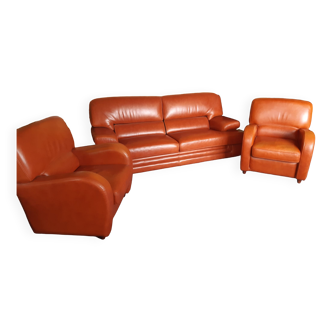 Sofa & 2 club armchairs in leather buffalo cognac