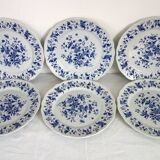 Lot de 6 anciennes assiettes plates décor bleu modèle Rouy, Salins