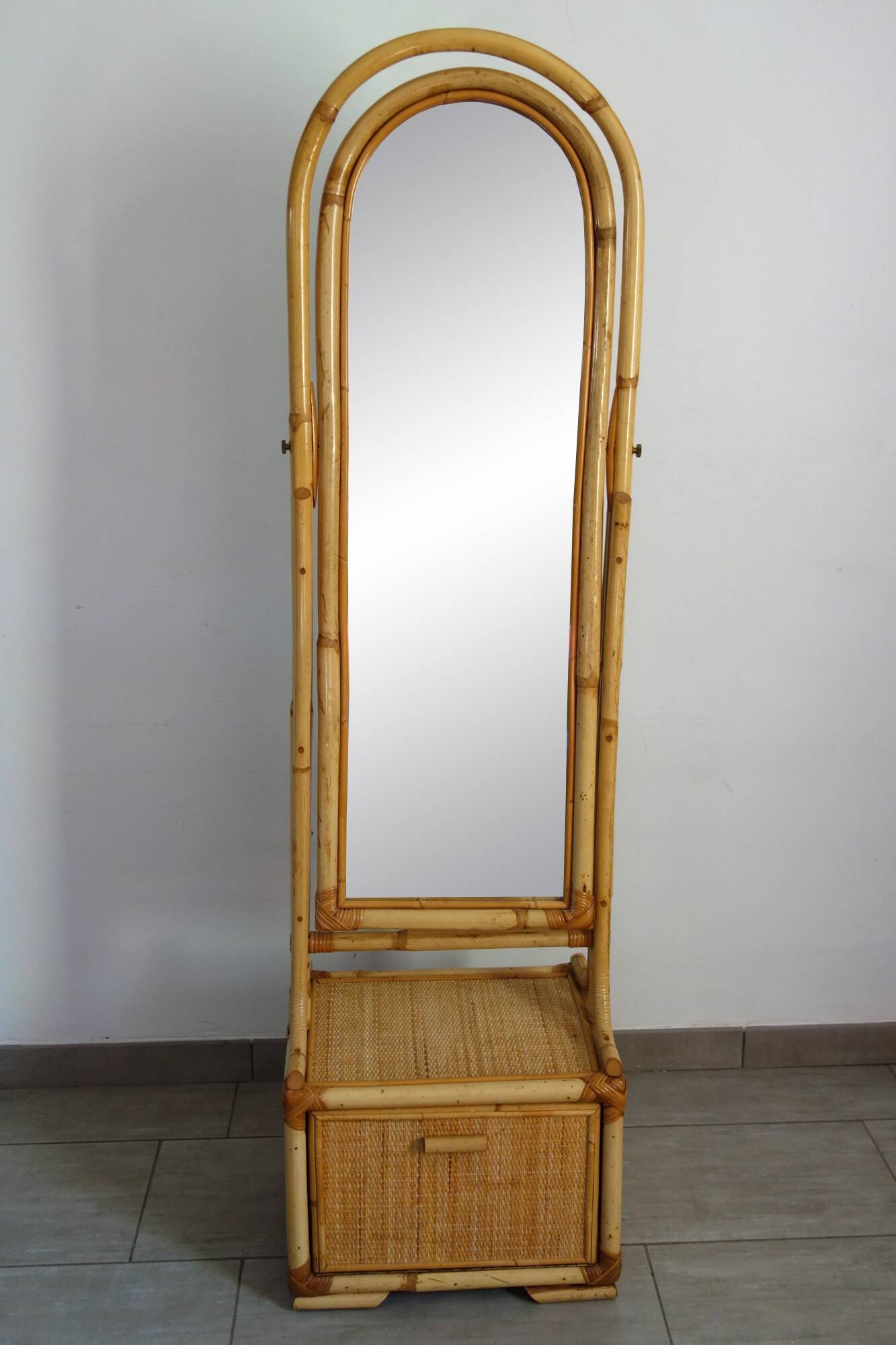 Woven wicker and bamboo full-length mirror, 70s/80s.