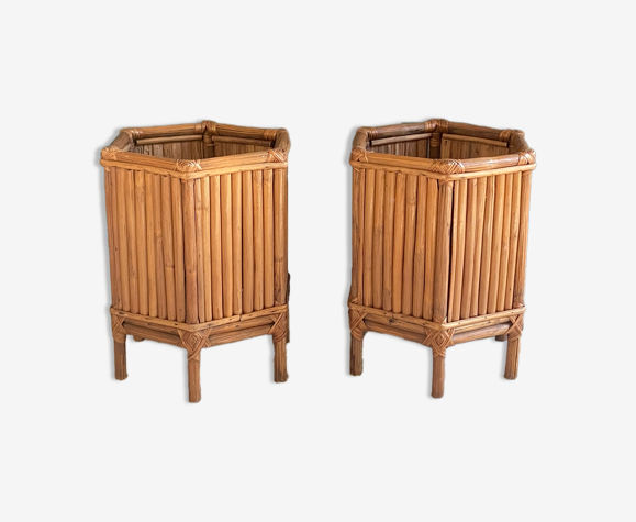 Paire de jardinières, portes-plantes en bambou c.1970