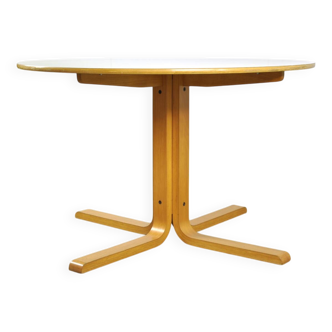 Table à manger ronde en bois et plastique blanc, années 1970