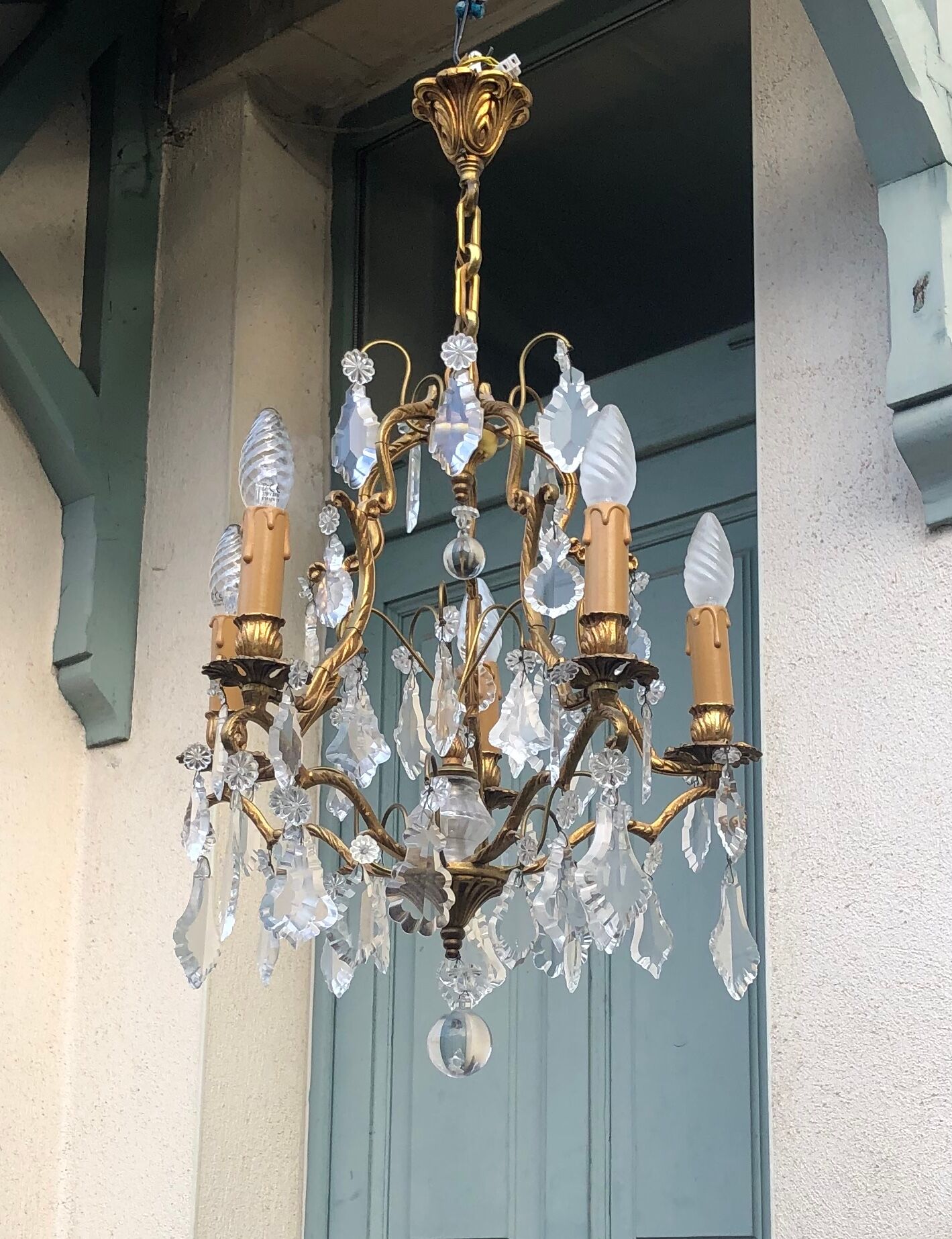 Lustre cage en bronze, 5 bras de lumière