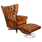 Vintage Brown Leather Armchair and Ottoman Set Hand-Dyed