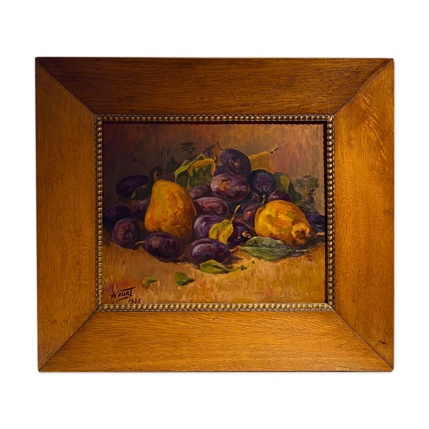 Still life with quetsches and pears signed and dated 1935