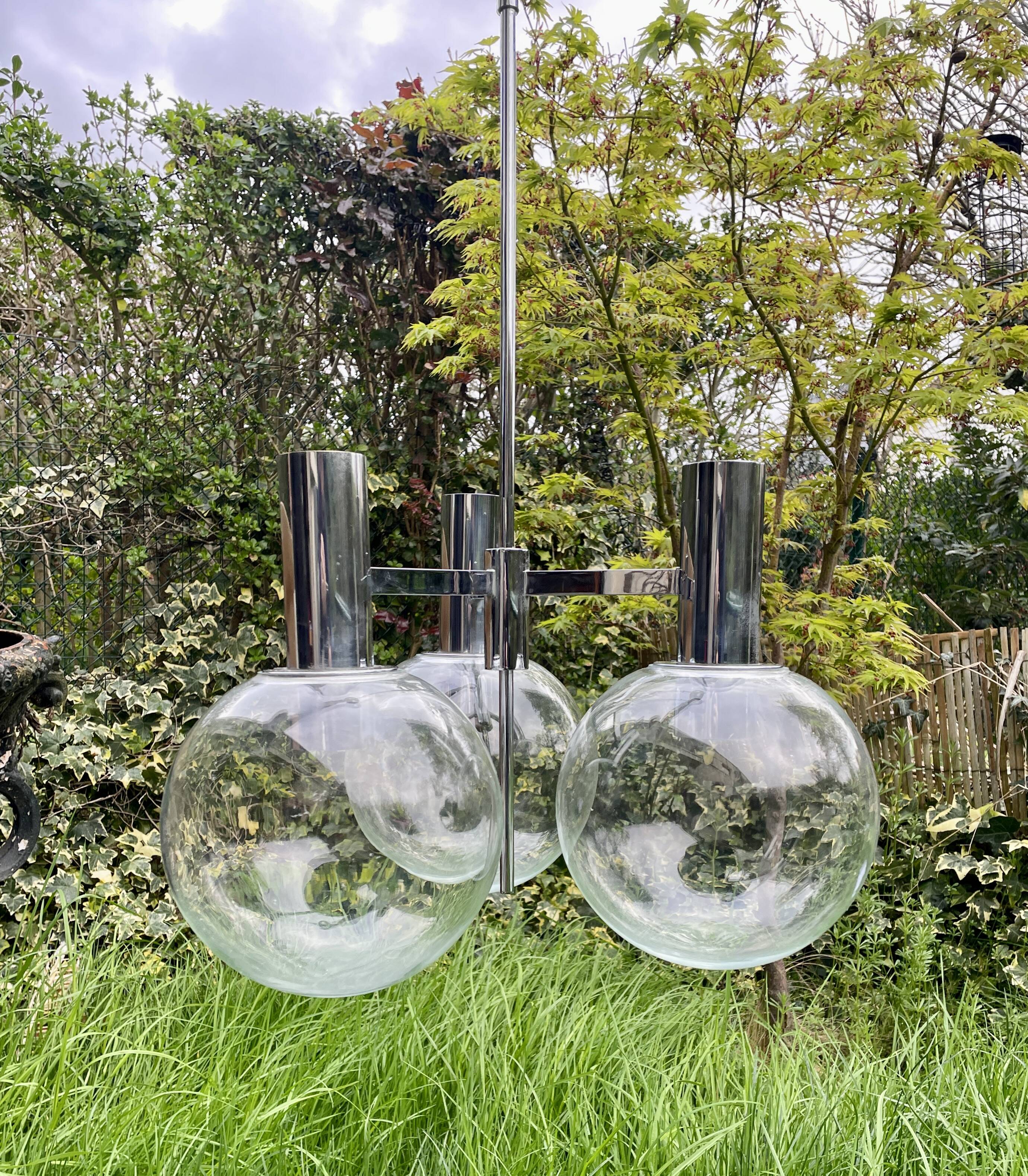 Kaiser Germany, chrome chandelier / suspension with 3 lights, glass balls. 1960