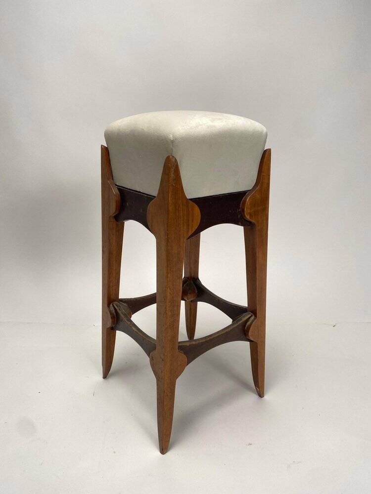 Mid-Century Italian Wooden Stool with Velvet Seat, 1950s