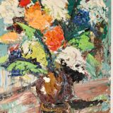 Original Large Swedish Mid-Century Oil on Canvas " Impressionistic Floral Arrangement in a Vase"